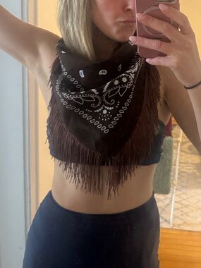 Fringed Brown bandana Scarf with White Paisley Print